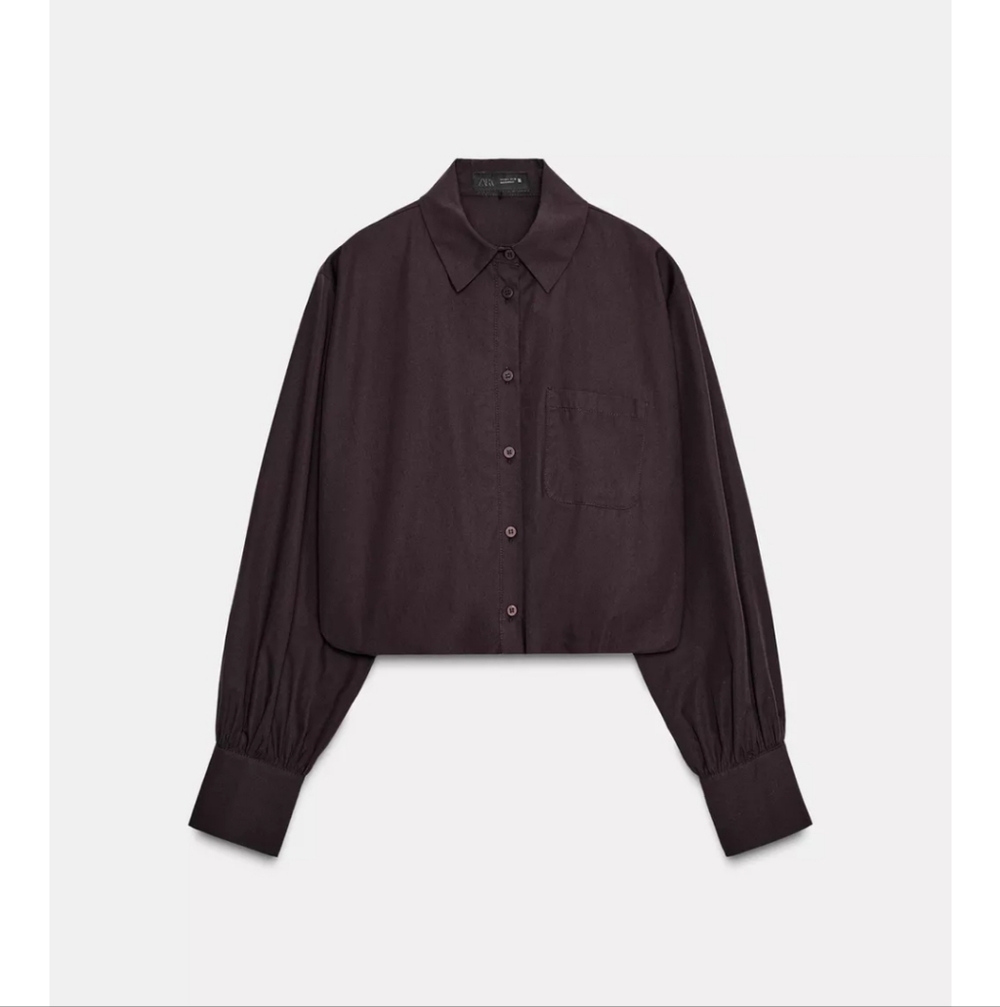 ZARA CROPPED POPLIN BALLOON SHIRT BROWN | 9880/255/700 | SIZE SMALL